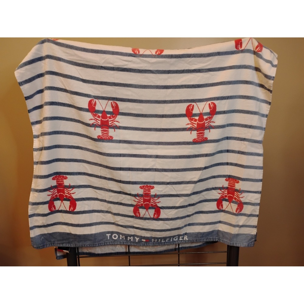 Vintage Tommy Hilfiger Lobster Stripe Beach Towel Blue White Red 60x31 Cotton